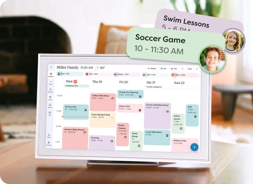 Skylight Calendar 15" on a countertop with a plant and bookcase in the background