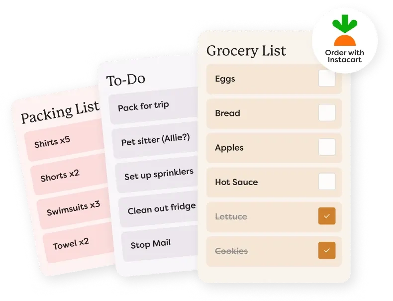 Custom lists for groceries, to-dos, and birthday wish lists displayed on a digital screen, showcasing the ability to create, edit, transfer your Grocery List to Instacart and color-code lists using the Skylight app