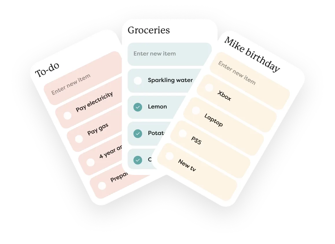 Custom lists for groceries, to-dos, and birthday wish lists displayed on a digital screen, showcasing the ability to create, edit, and color-code lists using the Skylight app