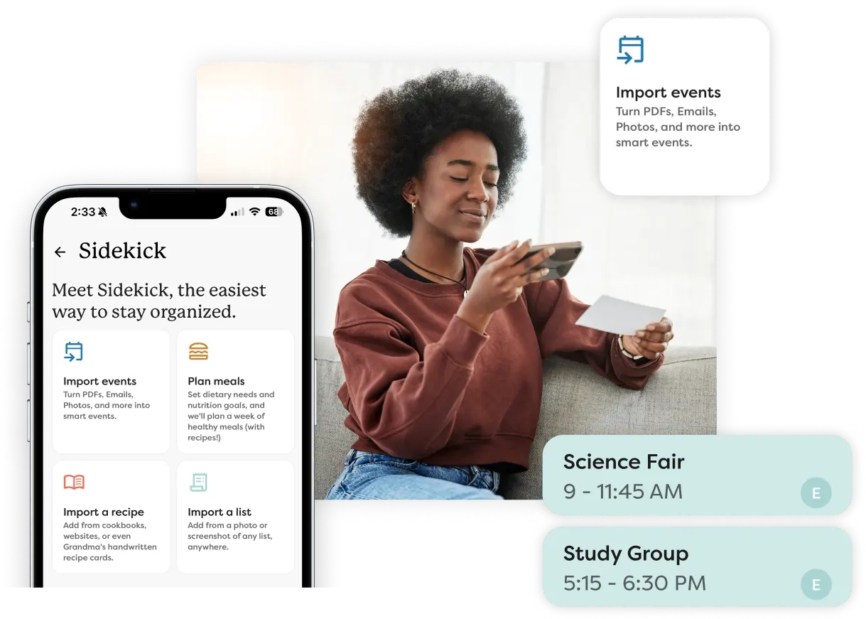 A women using the Sidekick Smart Family Assistant to turn emails, paper schedules, and PDFs into Calendar events, showcasing the ability to write a meal plan to suit any family’s preferences