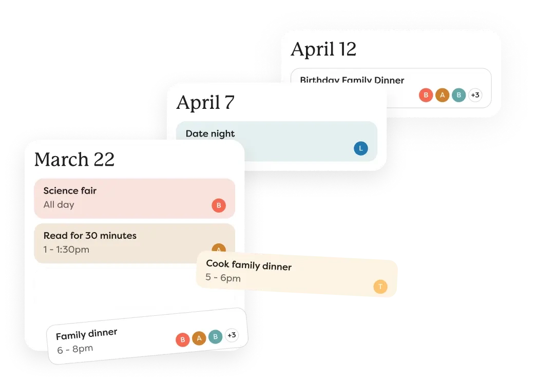 Touchscreen digital calendar display showing organized events, chores, and dinner plans for multiple dates, including family tasks and scheduled activities for March 22, April 7, and April 12