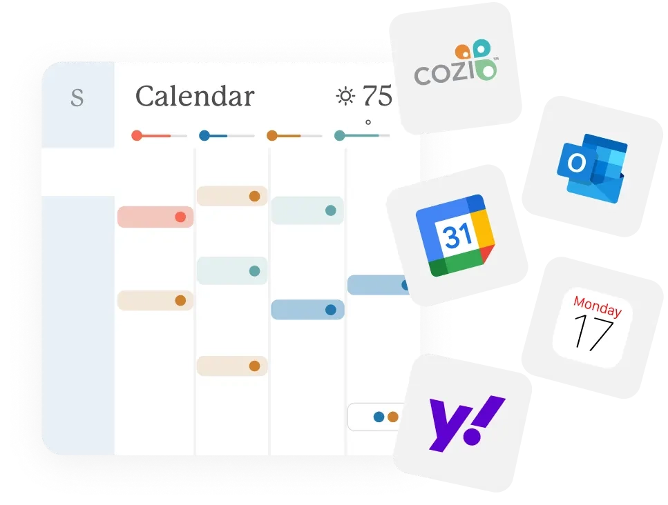 Skylight Calendar displaying a synced schedule from multiple platforms including Google, Outlook, Yahoo, and Cozi, showcasing seamless integration for total schedule clarity