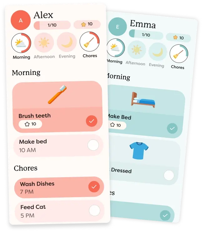 An interactive task chart for Alex overlapping an interactive task chart for Emma displaying daily tasks with checkmarks for two out of four tasks completed, brush teeth and wash dishes.